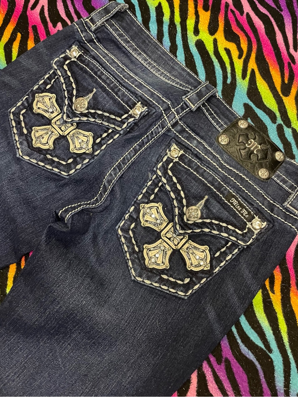 Miss Me Dark Blue Boot Cut Jeans with Embellished Back Pockets